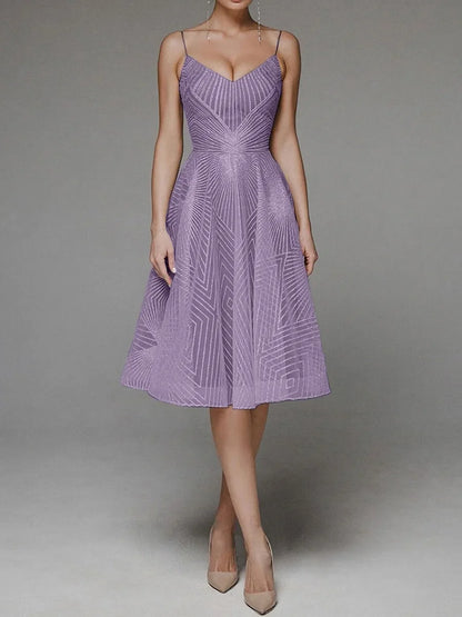 Women's Cocktail Dress - A-Line Fit - V-Neck Spaghetti Straps - Knee-Length Elegant Wear