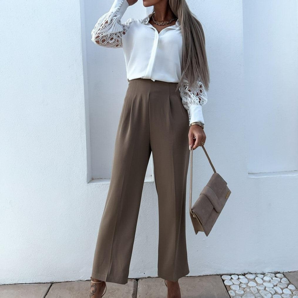 Women's Blouse - Silky Finish - Lace Long Sleeves - Button-Down Elegant Style
