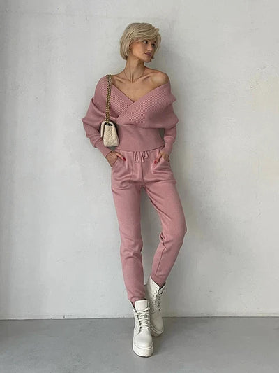 Women's Off-Shoulder Knitted Sweater - Ribbed Texture - Long Sleeve - Fitted Waist