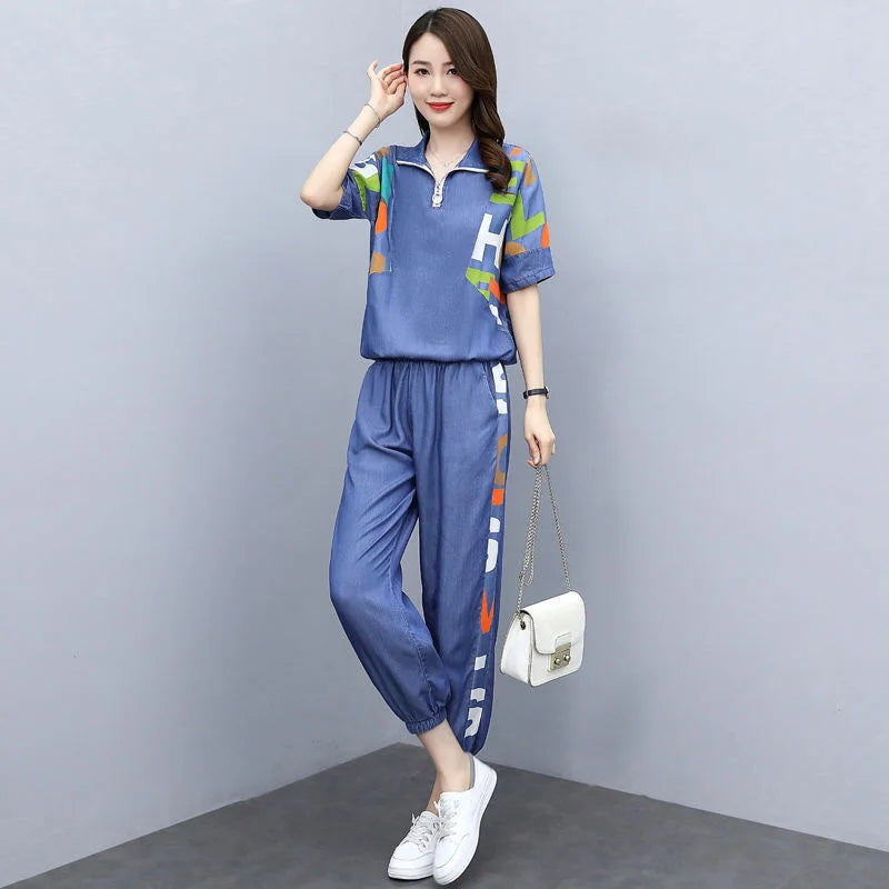 Women's Casual Two-Piece Set with Crop Top and Pants for Spring/Summer