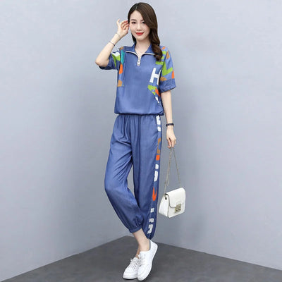 Women's Casual Two-Piece Set with Crop Top and Pants for Spring/Summer