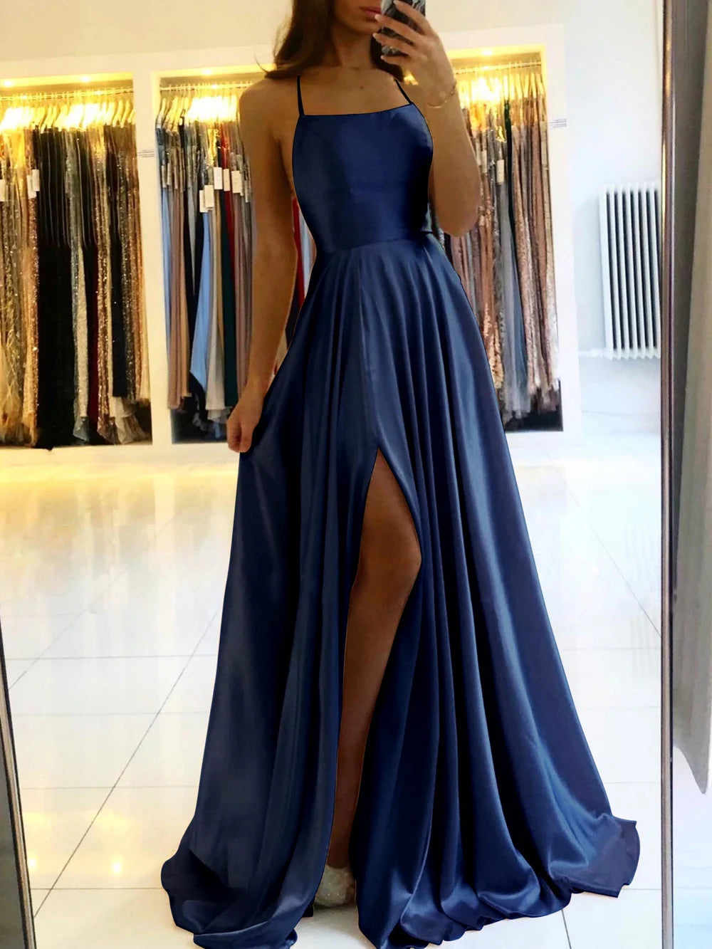 Women's Evening Prom Gown - Floor-Length Satin - Spaghetti Straps - Square Neck - High Slit