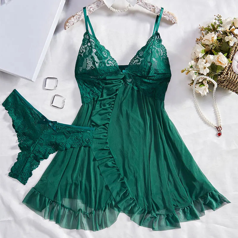 Women’s Lingerie Set – Slim Fit – Lace V-Neck – Ruffled Hem – Semi-Transparent Fabric