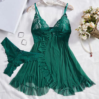 Women’s Lingerie Set – Slim Fit – Lace V-Neck – Ruffled Hem – Semi-Transparent Fabric