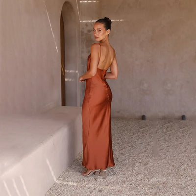 Women’s Maxi Dress – Satin Slim Fit – Cowl Neck – Sleeveless Formal Evening Wear