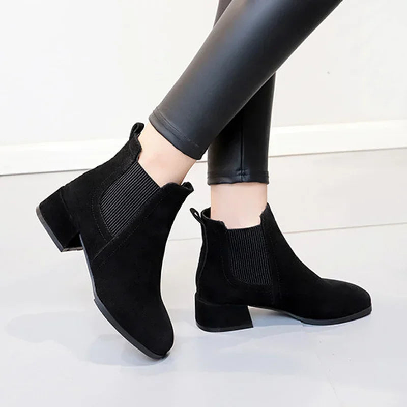 Women’s Ankle Boots – Suede-Like Finish – Square Heel – Slip-On Stretch Panel