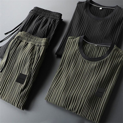 Men’s Tracksuit Set - Textured Pleated Fabric - Short Sleeve T-Shirt & Joggers - Relaxed Fit