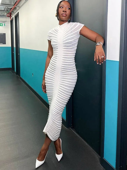 Women's Maxi Dress - Sheer Mesh - Ruched Texture - Short Sleeve Elegant Evening Wear