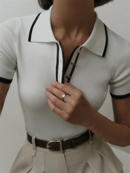 Women's Knitted Polo Shirt - Ribbed Stretch Fabric - Short Sleeve - Button Placket