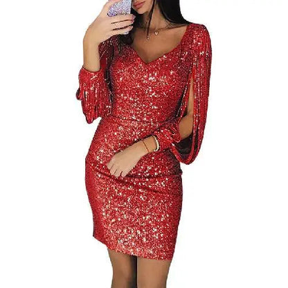 Women's Sequin Cocktail Dress - V-Neck - Draped Sleeves - Bodycon Party Wear
