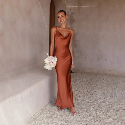 Women’s Maxi Dress – Satin Slim Fit – Cowl Neck – Sleeveless Formal Evening Wear