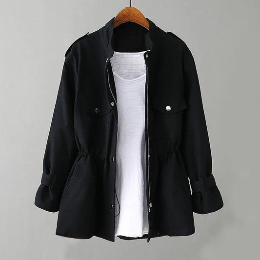 Women’s Trench Coat – Relaxed Fit – Zipper Front – Adjustable Waist – Utility Style