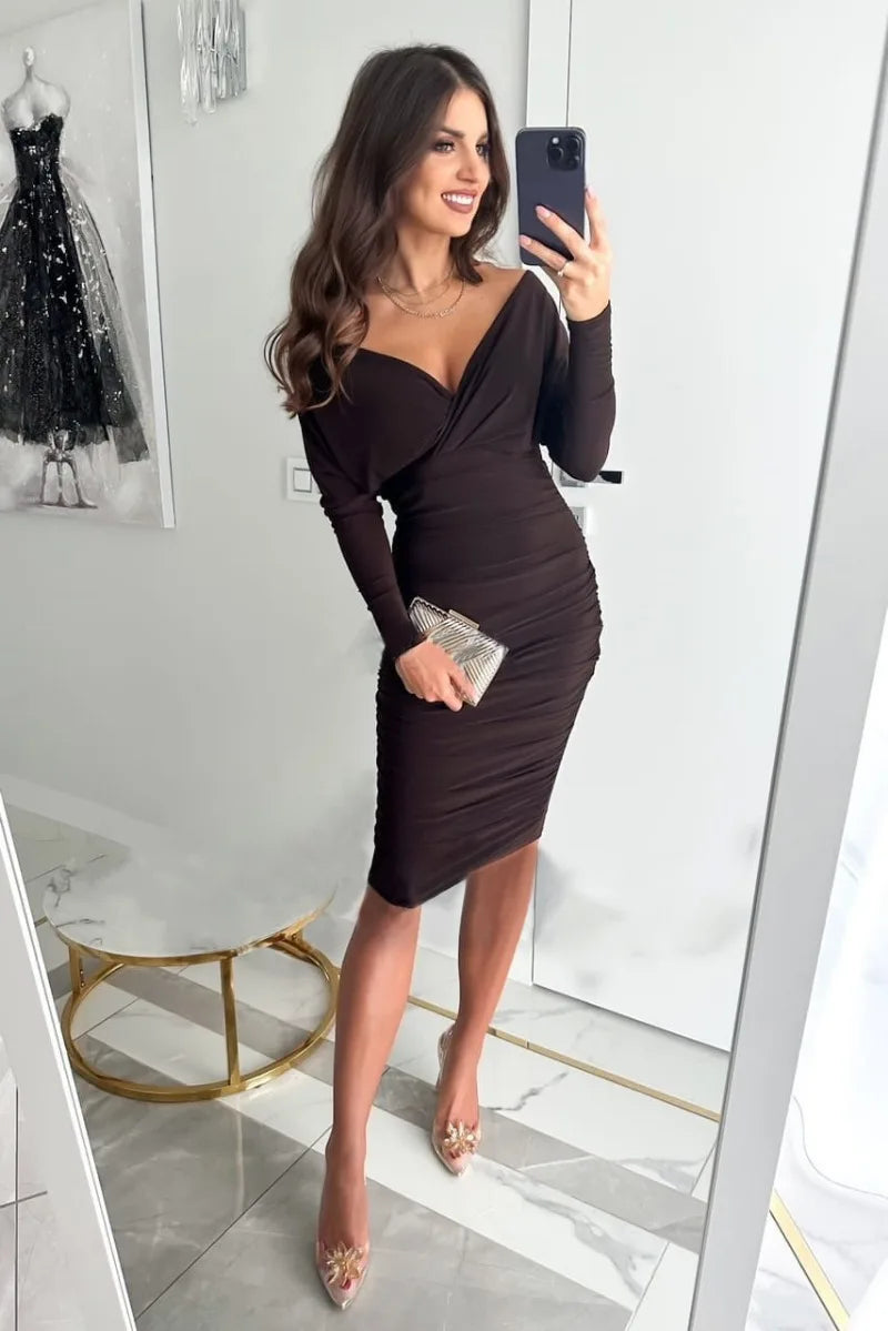 Women's Bodycon Dress - Off Shoulder - Long Sleeve - Ruched Slim Fit - Elegant Party Wear