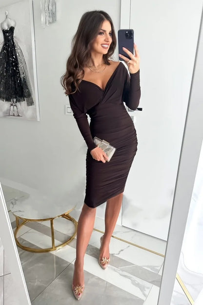 Women's Bodycon Dress - Off Shoulder - Long Sleeve - Ruched Slim Fit - Elegant Party Wear