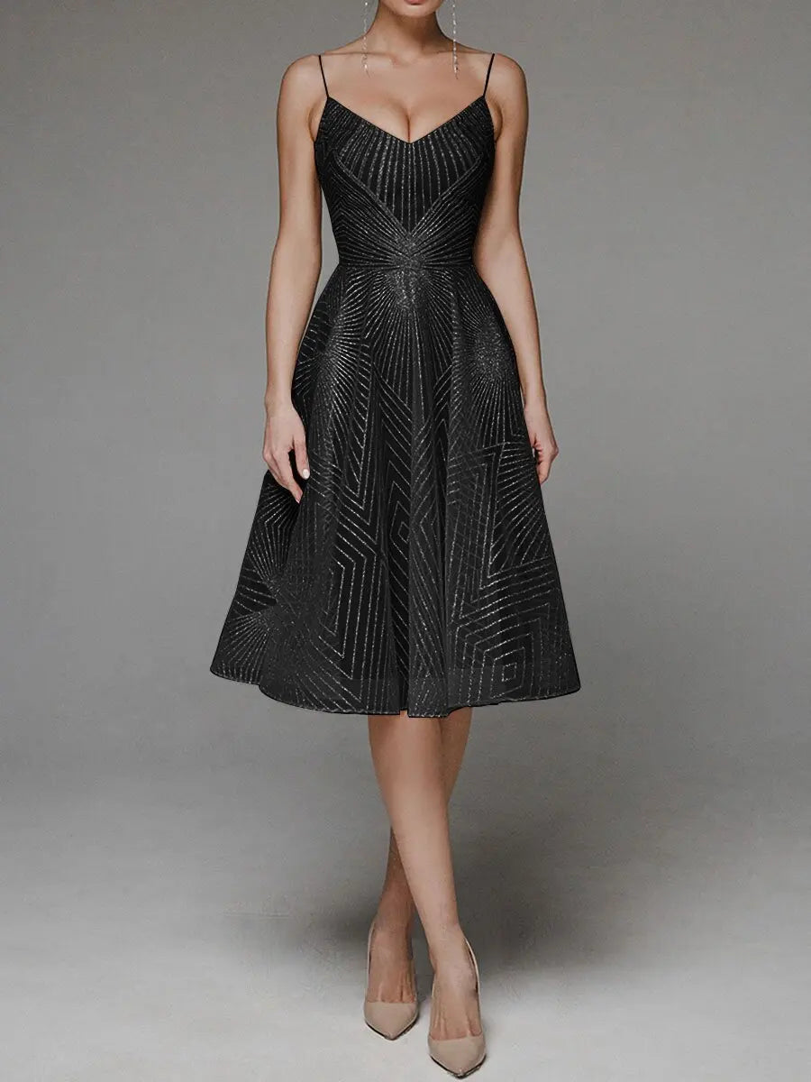 Women's Cocktail Dress - A-Line Fit - V-Neck Spaghetti Straps - Knee-Length Elegant Wear