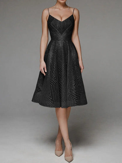 Women's Cocktail Dress - A-Line Fit - V-Neck Spaghetti Straps - Knee-Length Elegant Wear