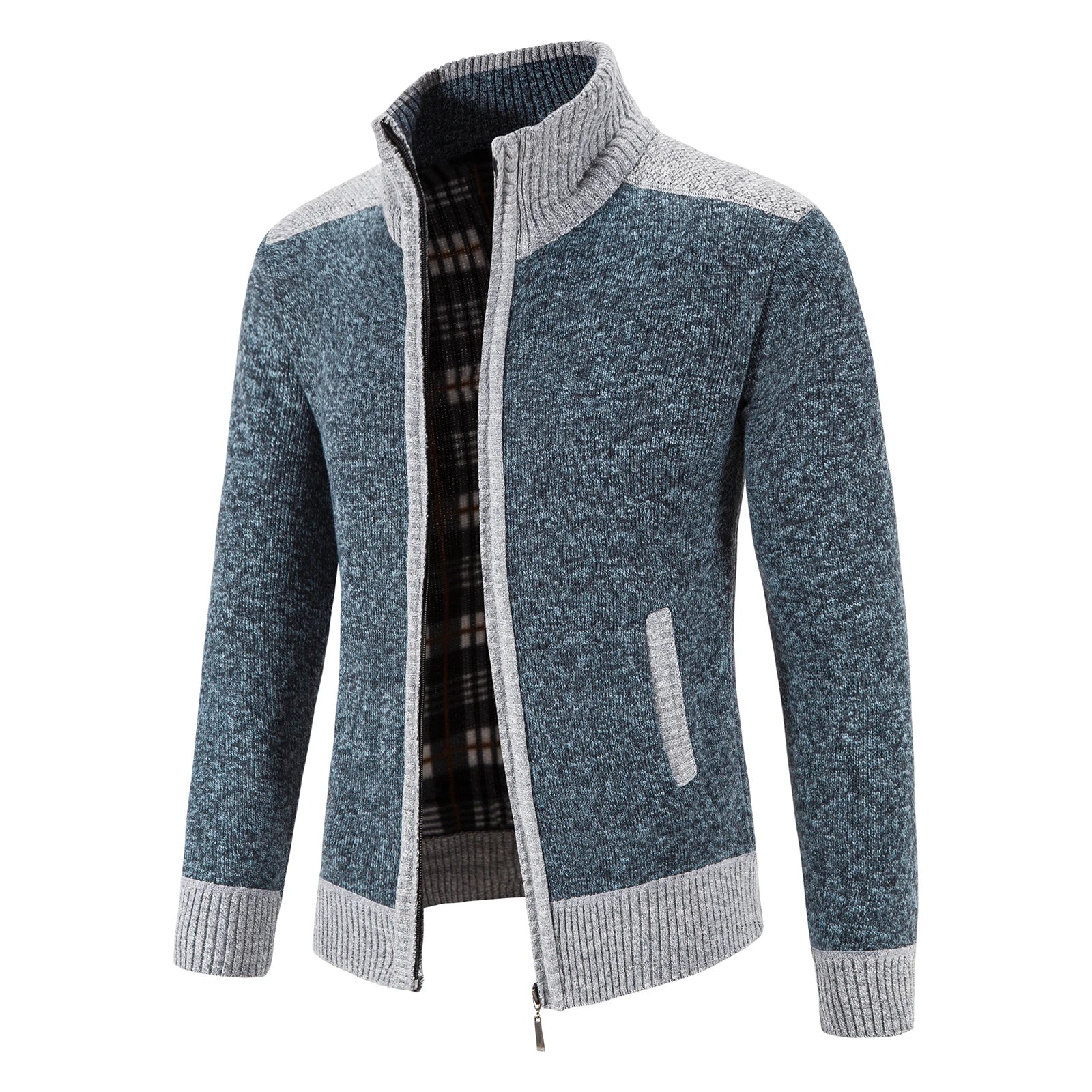 Heren warme gebreide cardigan met patchwork design en rits