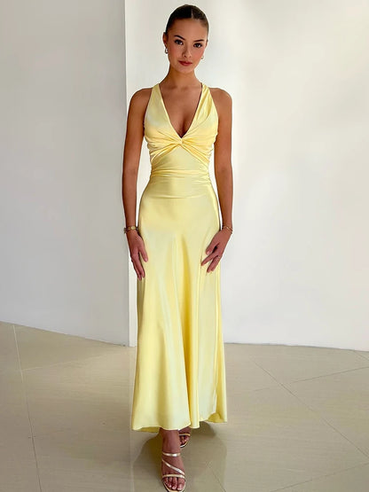 Women's Evening Gown - Satin Finish - Sleeveless Halter Neck - Elegant Formal Wear