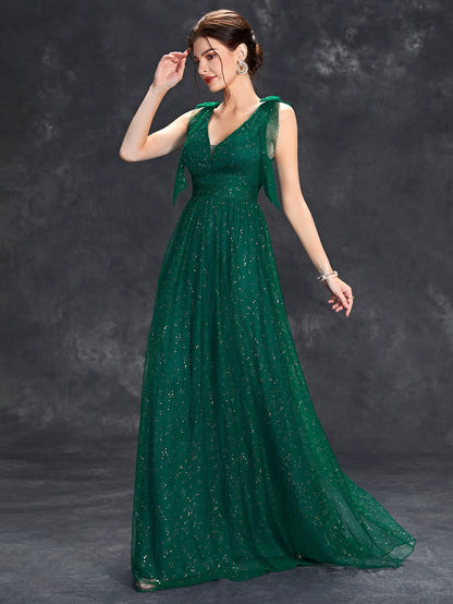 Women's Evening Prom Gown - V-Neck Sleeveless - Glitter Embellished - Floor-Length Elegant Dress