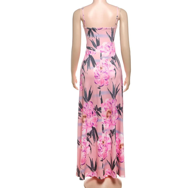 Women's Maxi Dress - Spaghetti Strap - Floral Print - Elegant Flowy Formal Wear