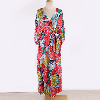 Women's Maxi Dress - Wrap V-Neck - 3/4 Sleeve - Floral Print - Flowing Elegant Fit