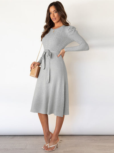 Women's Knit Midi Dress - Fit and Flare - Long Sleeve - Round Neck - Tie Waist Elegant Wear