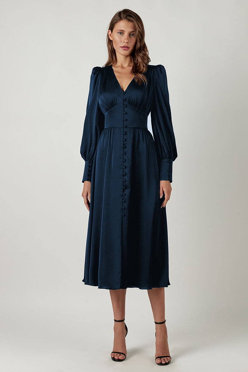 Women's Midi Dress - Satin Finish - V-Neck - Puff Sleeve - Button Front Elegant Fit