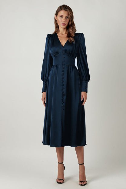Women's Midi Dress - Satin Finish - V-Neck - Puff Sleeve - Button Front Elegant Fit