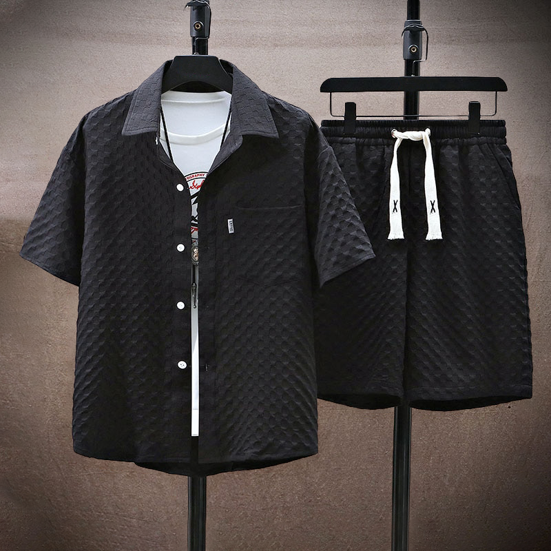 Men’s Two-Piece Set - Textured Short-Sleeve Shirt & Elastic Waist Shorts - Casual Fit
