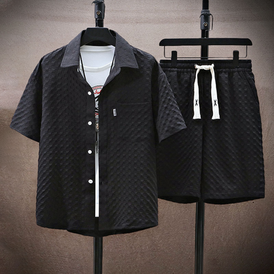 Men’s Two-Piece Set - Textured Short-Sleeve Shirt & Elastic Waist Shorts - Casual Fit
