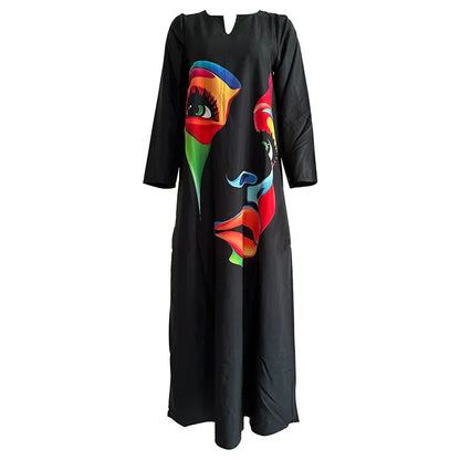 Women's Maxi Dress - Artistic Print - Loose Fit - Long Sleeve Flowy Design