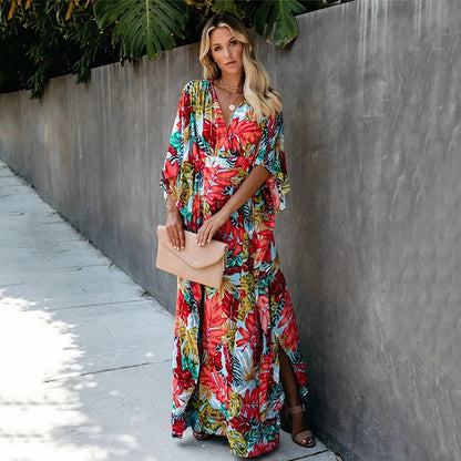 Women's Maxi Dress - Wrap V-Neck - 3/4 Sleeve - Floral Print - Flowing Elegant Fit