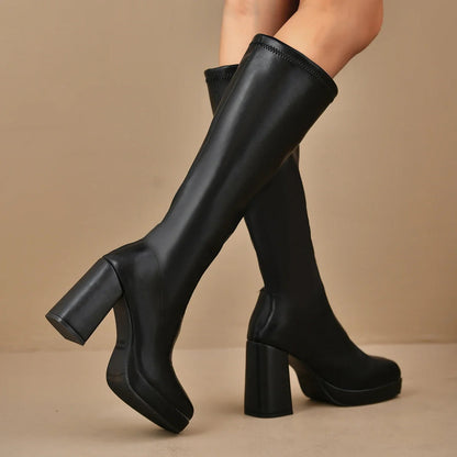Women’s Over-the-Knee Boots – Chunky Heel – Platform Sole – Sleek Polished Fit