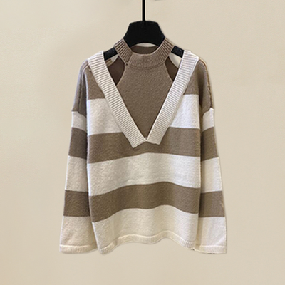 Women's Knitwear Lounge Set - Striped V-Neck Top & Wide-Leg Trousers - Soft & Cozy