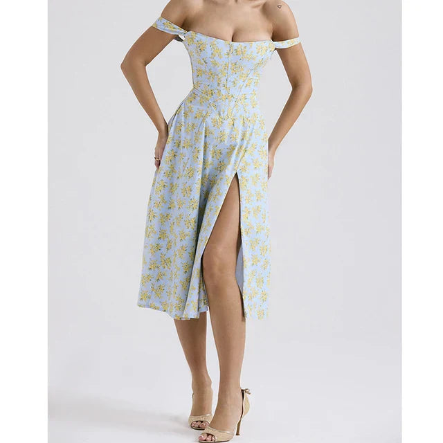 Women’s Corset Midi Dress – Fitted Bodice – A-Line – Side Slit – Floral Print