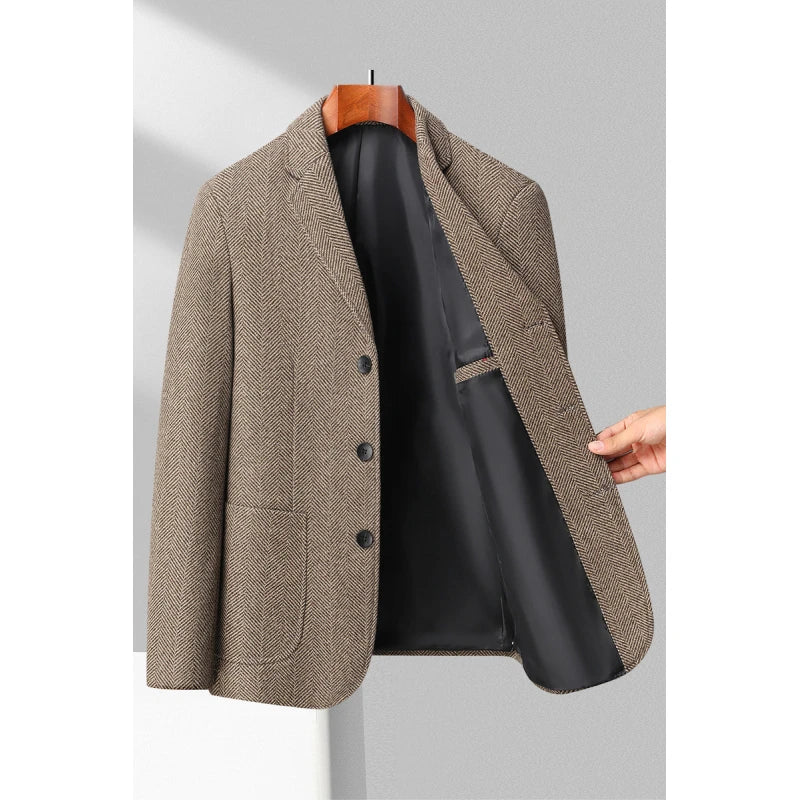 Men’s Blazer – Tailored Fit – Wool Blend – Herringbone – Notched Lapel – 3 Button