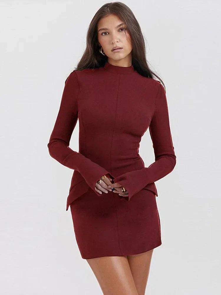 Women's Bodycon Mini Dress - High Neck - Long Sleeve - Structured Hip Detail