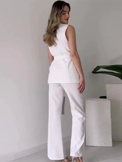 Women's Sleeveless Blazer Suit - Tailored Fit - V-Neck - High-Waisted Trousers - Belted Waist