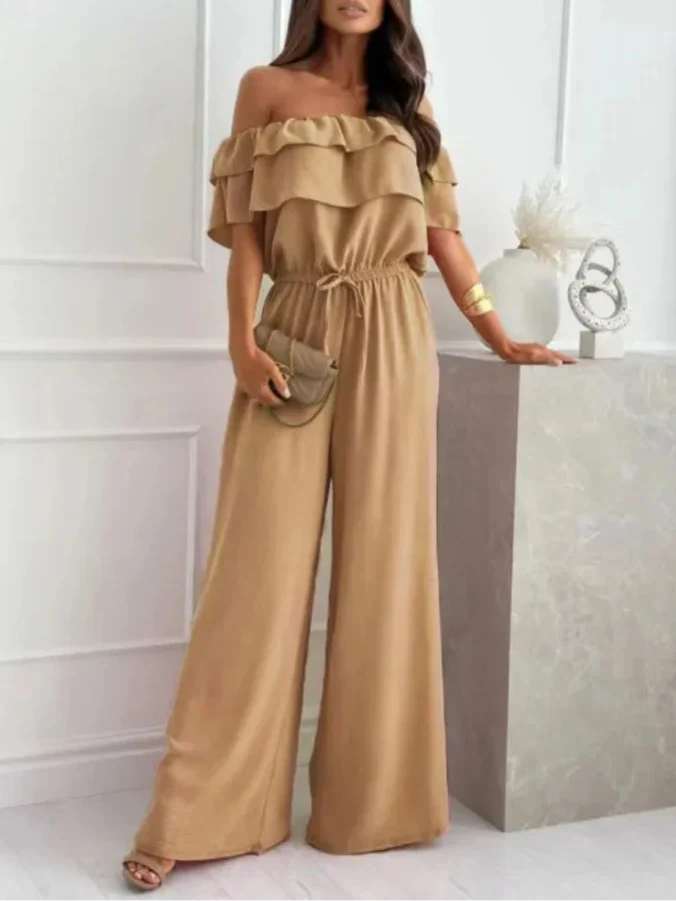 Women’s Jumpsuit – Off Shoulder Ruffle Neckline – Wide Leg – Breathable Blend – Cinched Waist