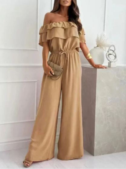 Women’s Jumpsuit – Off Shoulder Ruffle Neckline – Wide Leg – Breathable Blend – Cinched Waist
