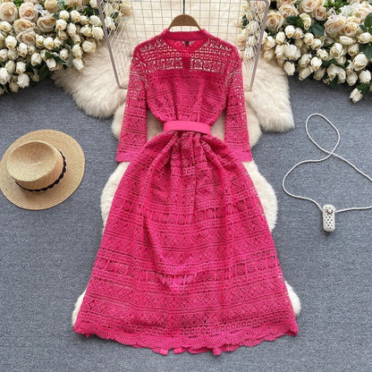 Women's Lace Shirt Dress - Button Up - Three-Quarter Sleeve - Belted Waist - Scalloped Hem