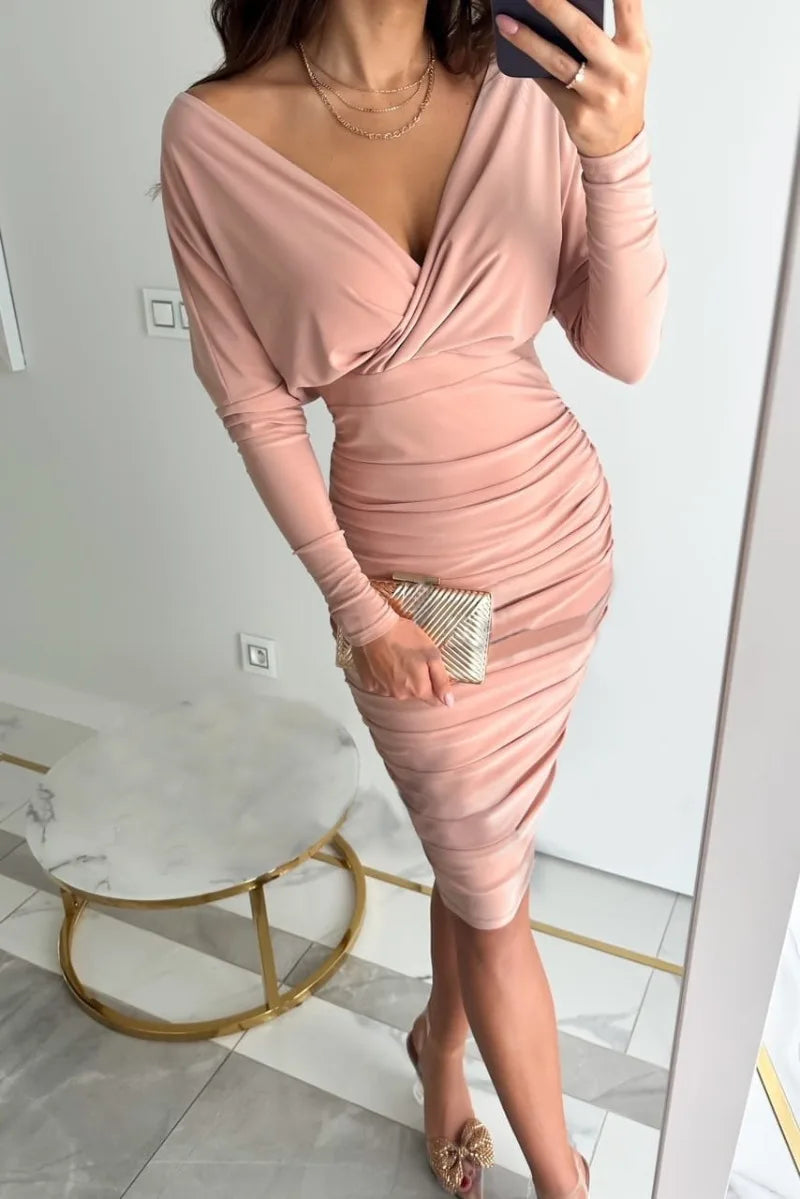 Women's Bodycon Dress - Off Shoulder - Long Sleeve - Ruched Slim Fit - Elegant Party Wear