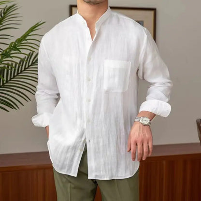 Men’s Linen Shirt – Relaxed Fit – Mandarin Collar – Long Sleeve Button-Up Casual Wear