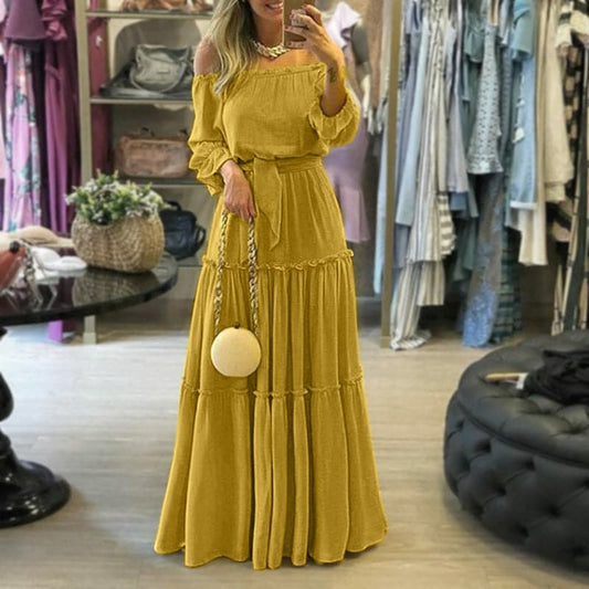 Women’s Maxi Dress – Off Shoulder – Relaxed Fit – Tiered Skirt – Natural Fibers