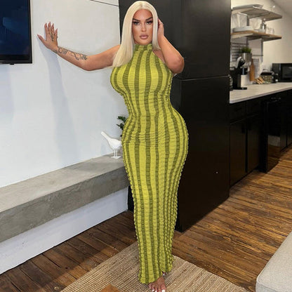 Women's Bodycon Dress - Ribbed Knit - Halter Neck - Vertical Stripe Pattern