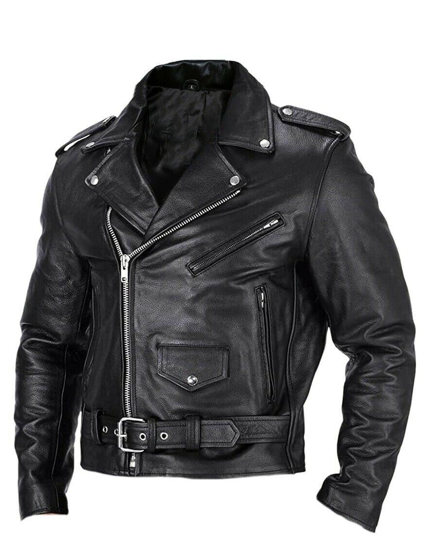 Men’s Leather Biker Jacket - Leather - Asymmetrical Zip - Lapel Collar - Belted Waist