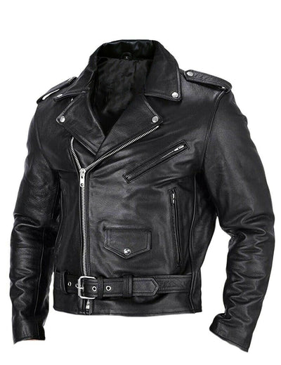 Men’s Leather Biker Jacket - Leather - Asymmetrical Zip - Lapel Collar - Belted Waist
