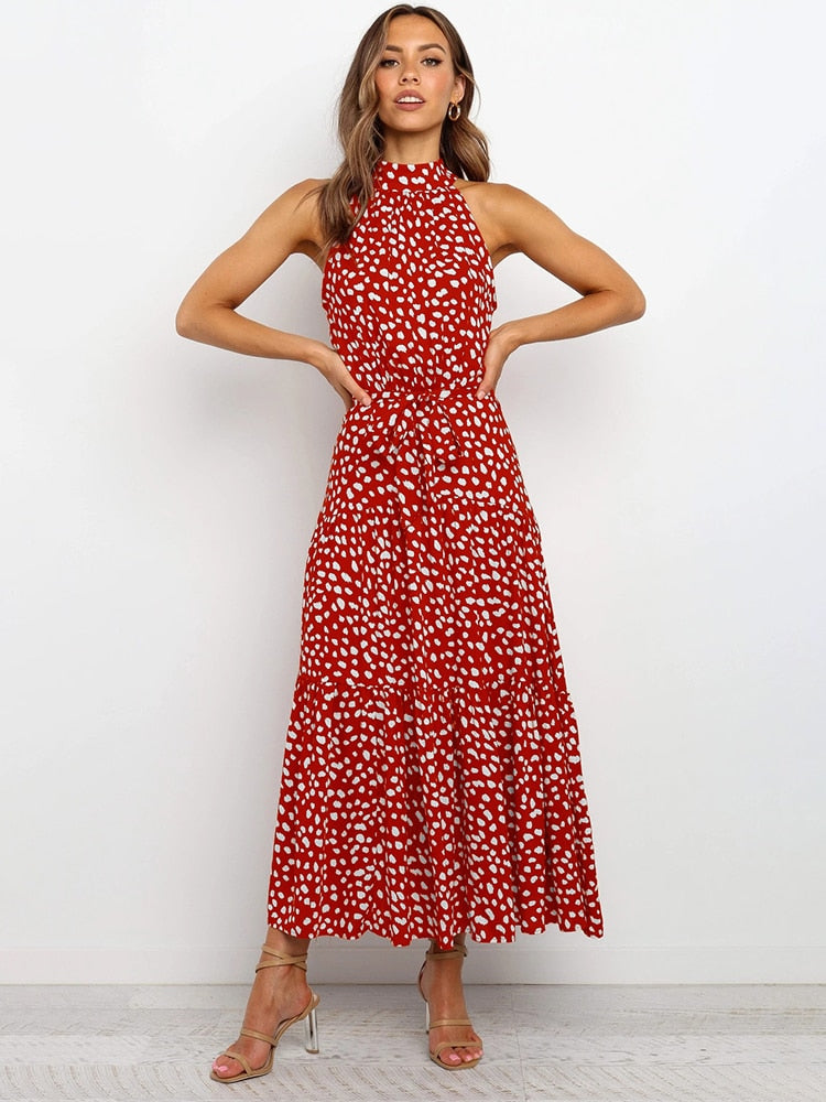 Women's Halter Midi Dress - Polka Dot Print - Fit-and-Flare - Waist Tie - Flowy