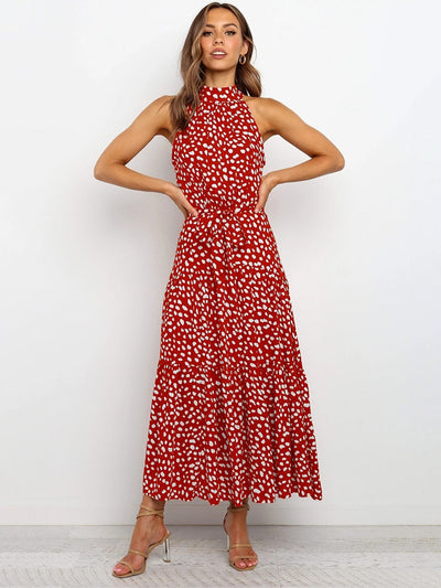Women's Halter Midi Dress - Polka Dot Print - Fit-and-Flare - Waist Tie - Flowy