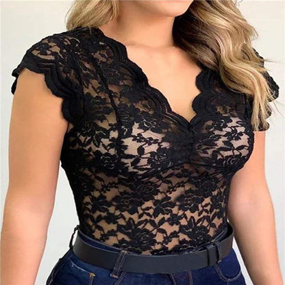 Women's Lace Bodysuit - Floral Pattern - Plunging V-Neck - Cap Sleeves - Fitted Elegant Wear